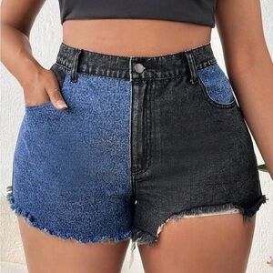 SXY Plus Two Tone Black Blue Raw Cut Distressed Denim Jean Shorts 0XL